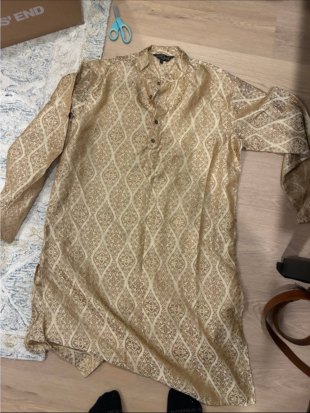 Men's Gold Brocade Kurta with Mandarin Collar